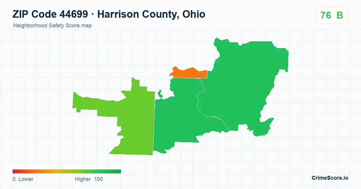 ZIP Code 44699 in Harrison County, Ohio neighborhood Safety Score map