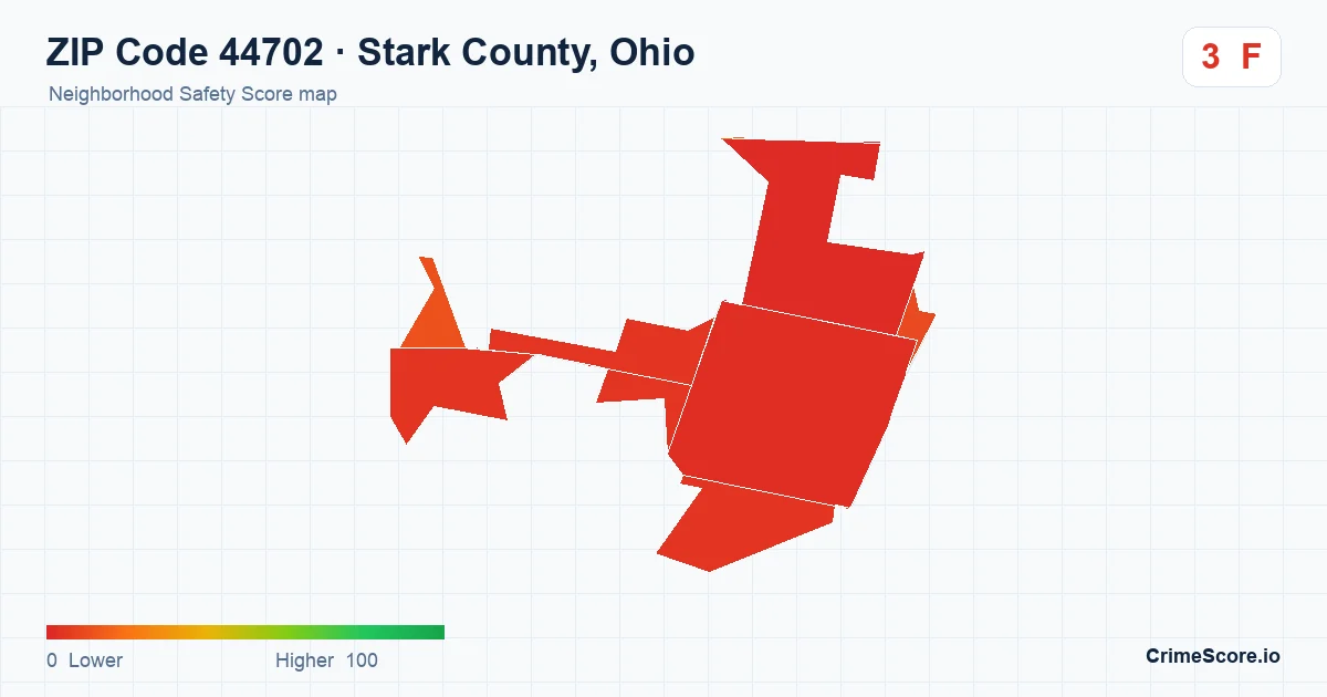 ZIP Code 44702 in Stark County, Ohio neighborhood Safety Score map