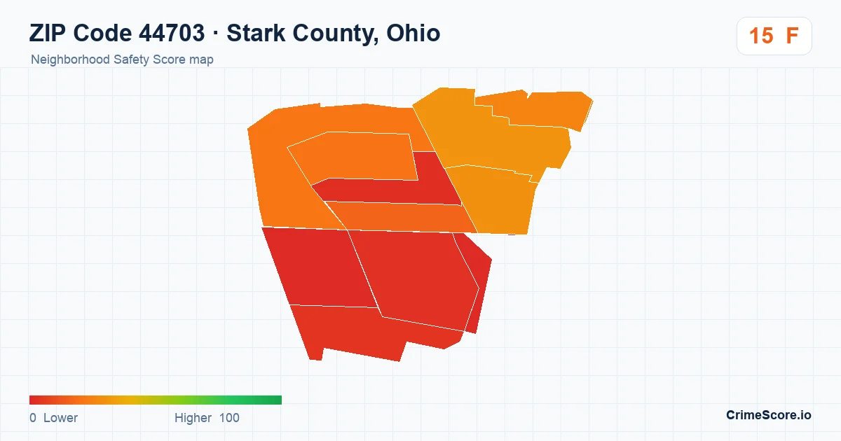 ZIP Code 44703 in Stark County, Ohio neighborhood Safety Score map