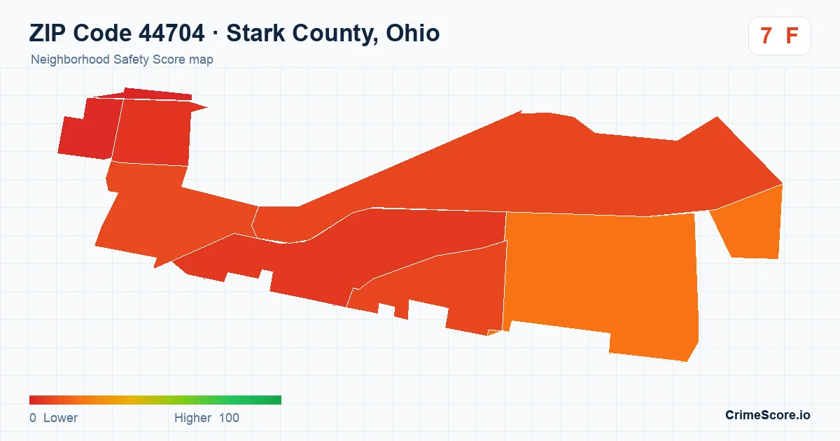 ZIP Code 44704 in Stark County, Ohio neighborhood Safety Score map