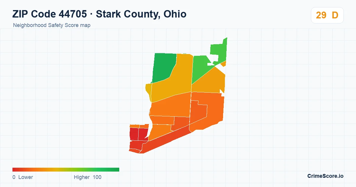 ZIP Code 44705 in Stark County, Ohio neighborhood Safety Score map