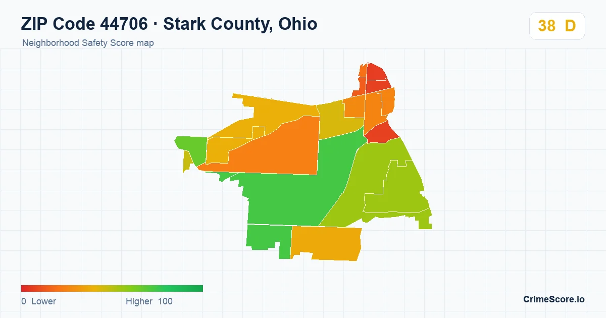 ZIP Code 44706 in Stark County, Ohio neighborhood Safety Score map