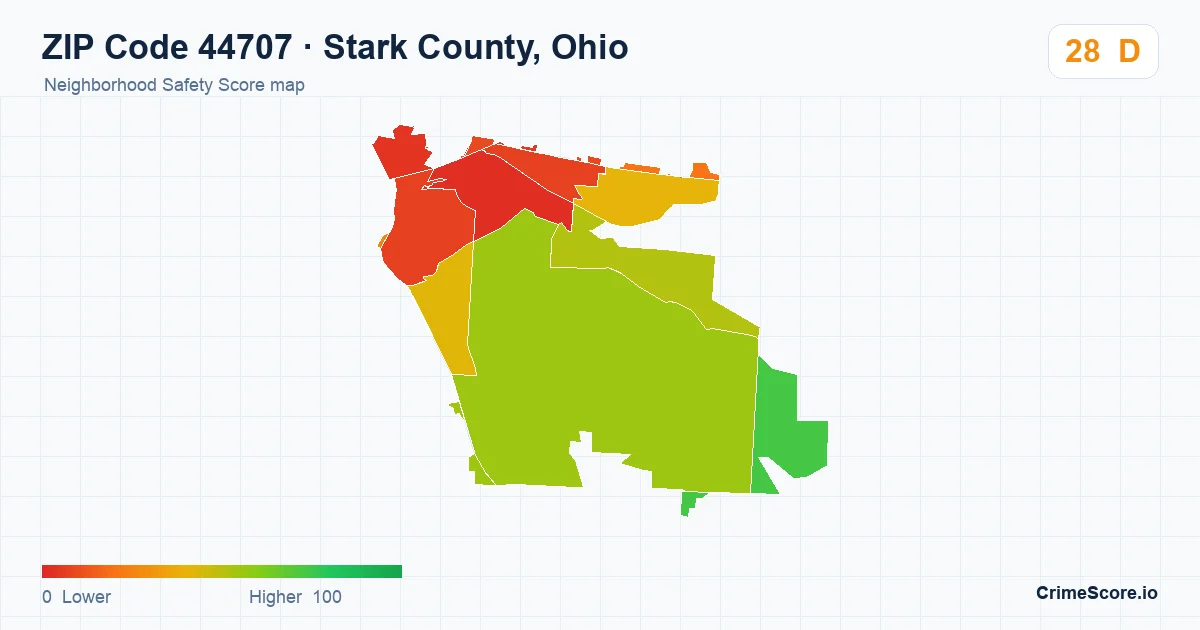 ZIP Code 44707 in Stark County, Ohio neighborhood Safety Score map