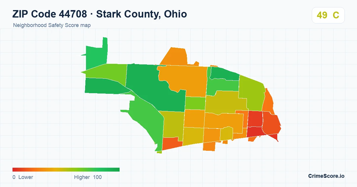 ZIP Code 44708 in Stark County, Ohio neighborhood Safety Score map