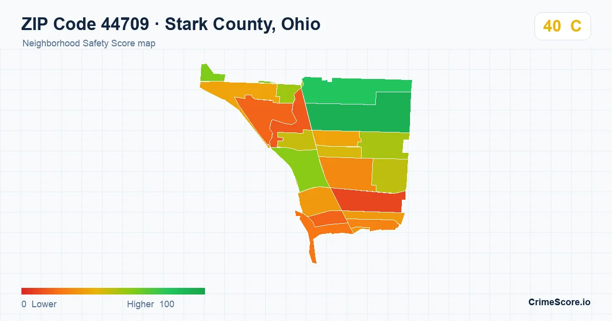 ZIP Code 44709 in Stark County, Ohio neighborhood Safety Score map