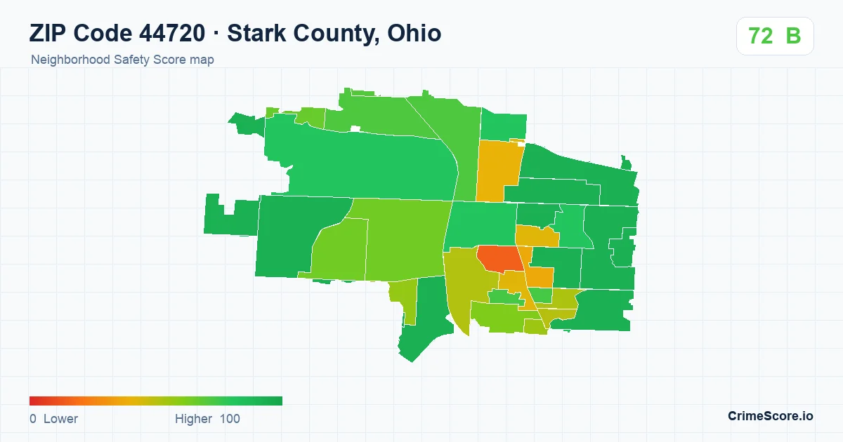 ZIP Code 44720 in Stark County, Ohio neighborhood Safety Score map