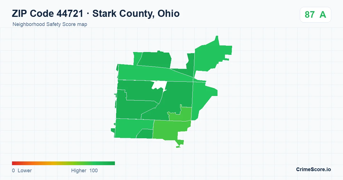 ZIP Code 44721 in Stark County, Ohio neighborhood Safety Score map