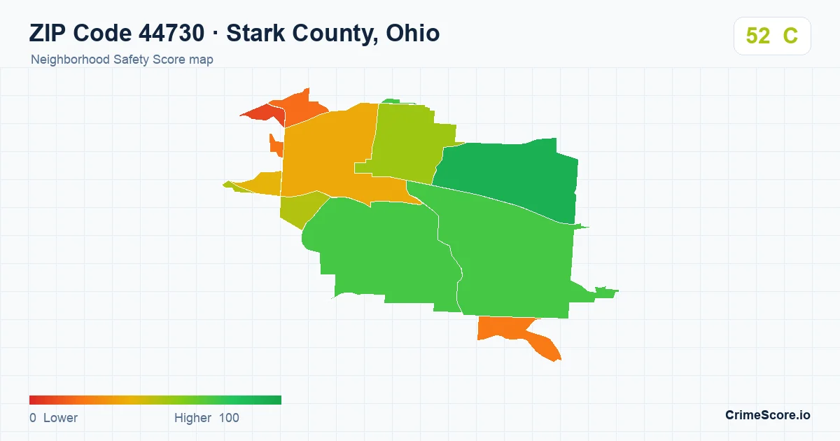 ZIP Code 44730 in Stark County, Ohio neighborhood Safety Score map