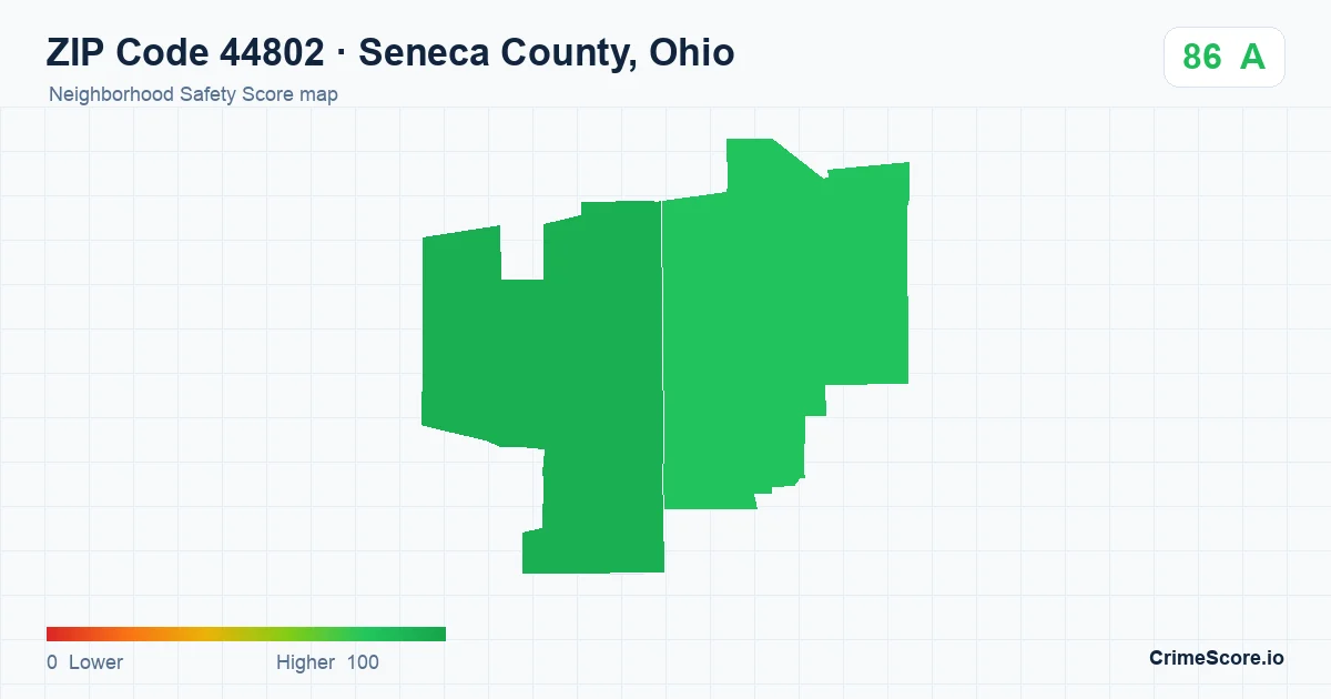 ZIP Code 44802 in Seneca County, Ohio neighborhood Safety Score map
