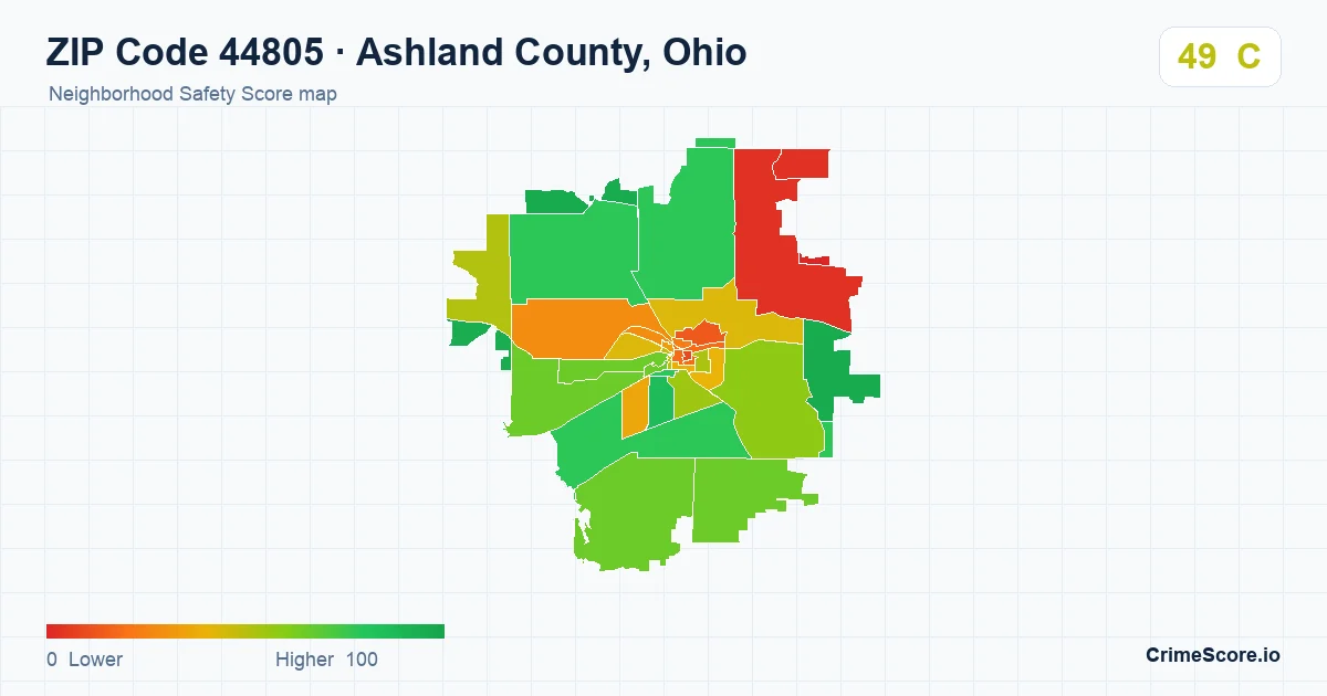 ZIP Code 44805 in Ashland County, Ohio neighborhood Safety Score map