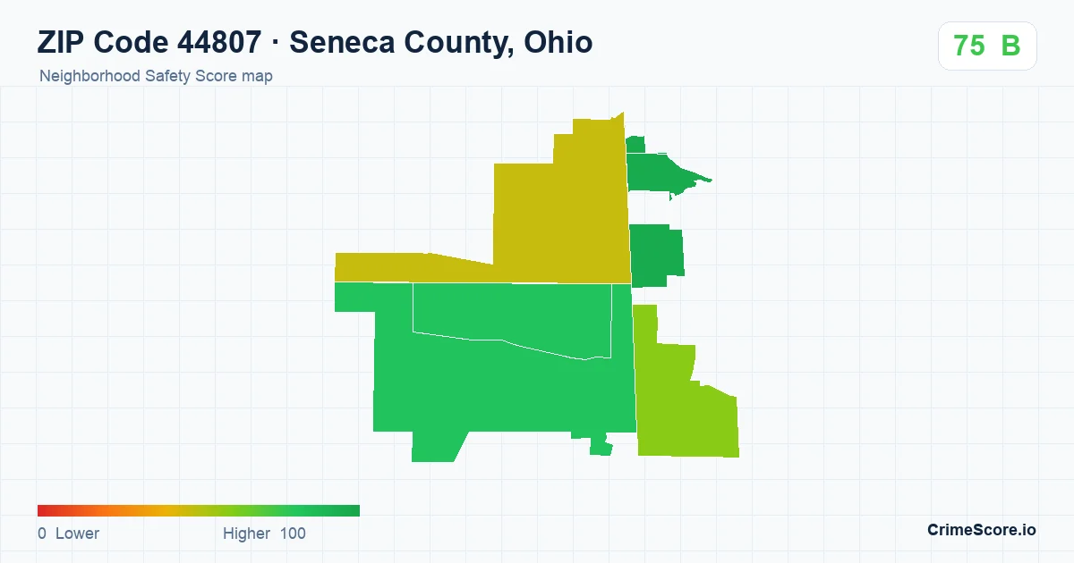 ZIP Code 44807 in Seneca County, Ohio neighborhood Safety Score map