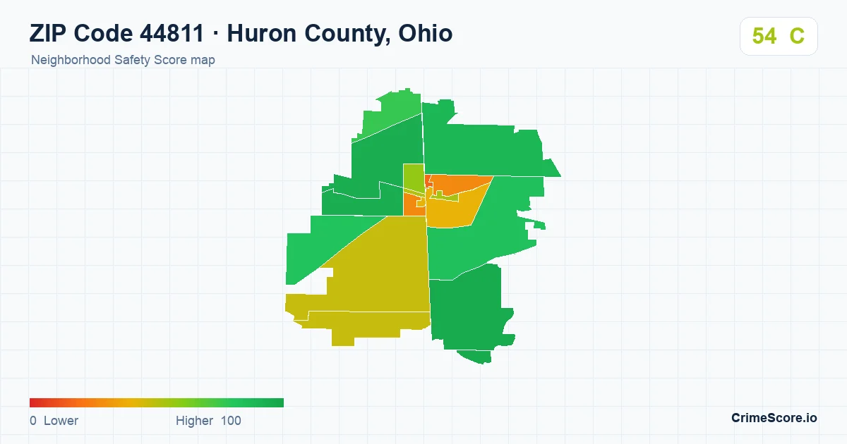 ZIP Code 44811 in Huron County, Ohio neighborhood Safety Score map