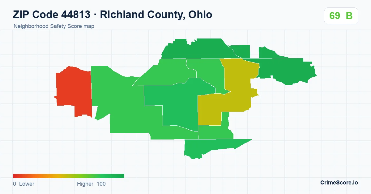 ZIP Code 44813 in Richland County, Ohio neighborhood Safety Score map