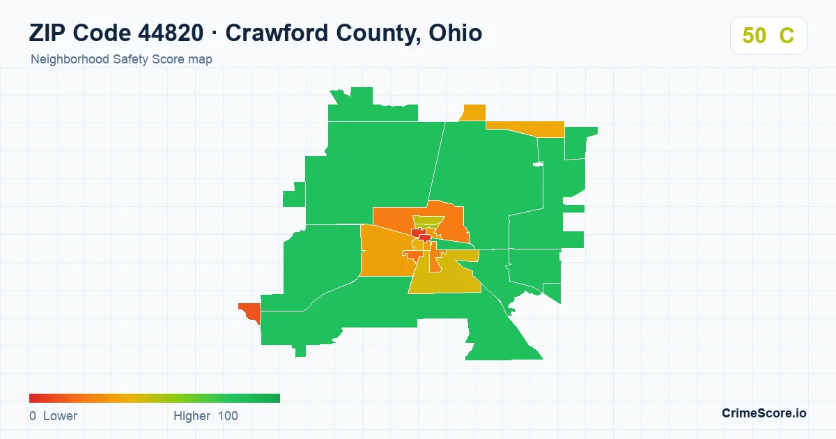 ZIP Code 44820 in Crawford County, Ohio neighborhood Safety Score map