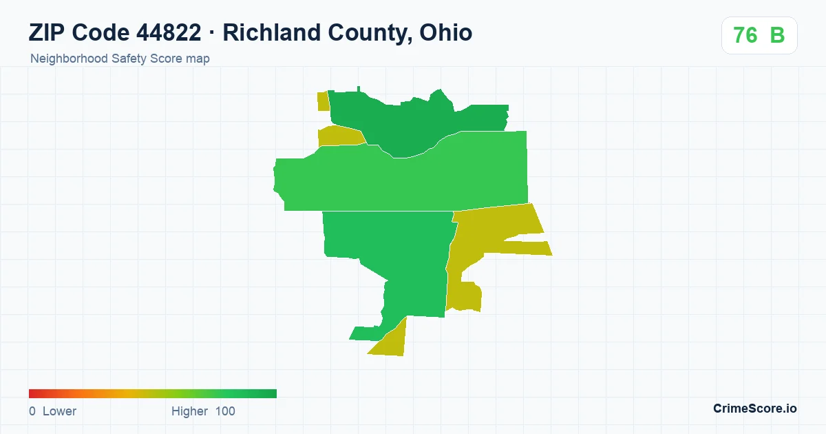 ZIP Code 44822 in Richland County, Ohio neighborhood Safety Score map