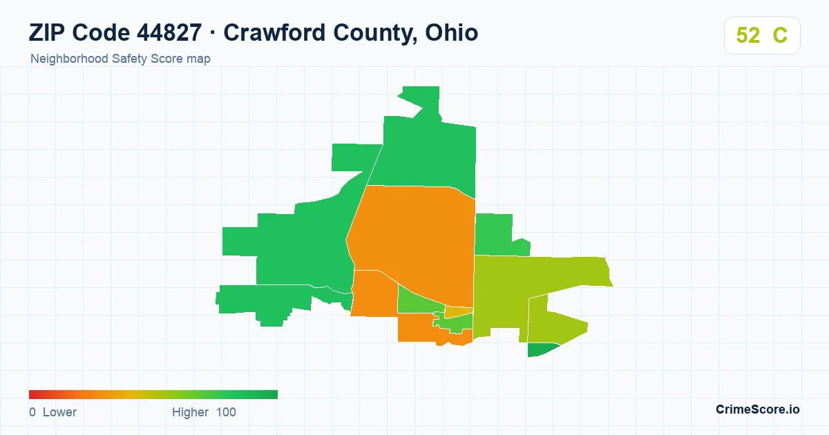 ZIP Code 44827 in Crawford County, Ohio neighborhood Safety Score map