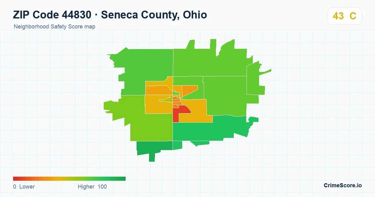 ZIP Code 44830 in Seneca County, Ohio neighborhood Safety Score map