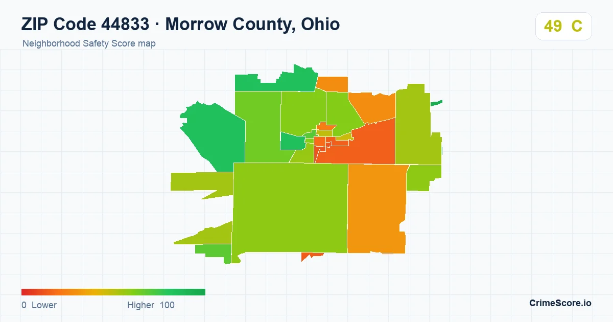 ZIP Code 44833 in Morrow County, Ohio neighborhood Safety Score map