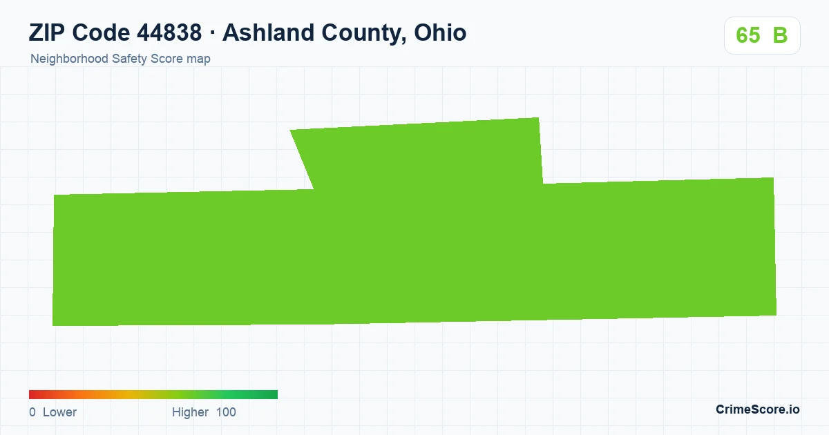 ZIP Code 44838 in Ashland County, Ohio neighborhood Safety Score map
