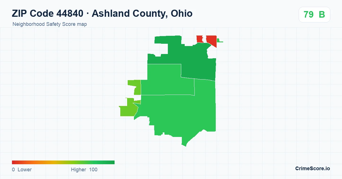 ZIP Code 44840 in Ashland County, Ohio neighborhood Safety Score map