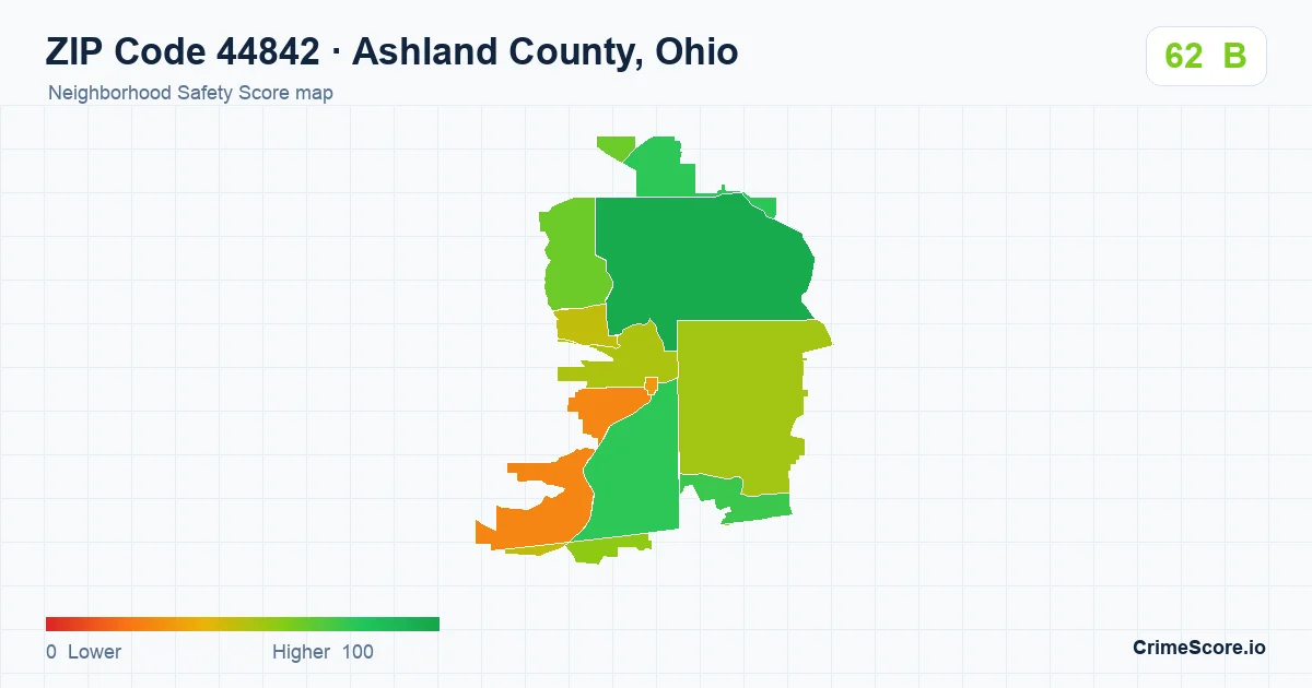 ZIP Code 44842 in Ashland County, Ohio neighborhood Safety Score map