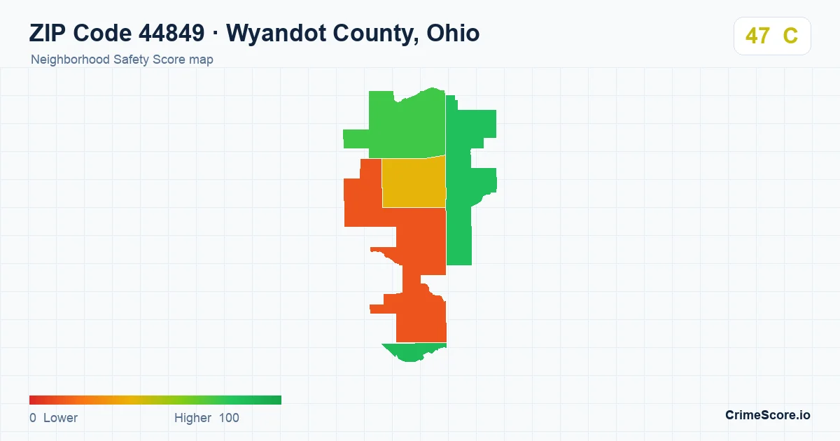 ZIP Code 44849 in Wyandot County, Ohio neighborhood Safety Score map