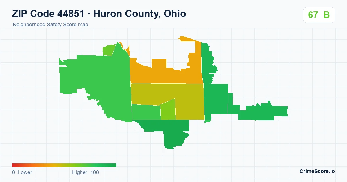 ZIP Code 44851 in Huron County, Ohio neighborhood Safety Score map