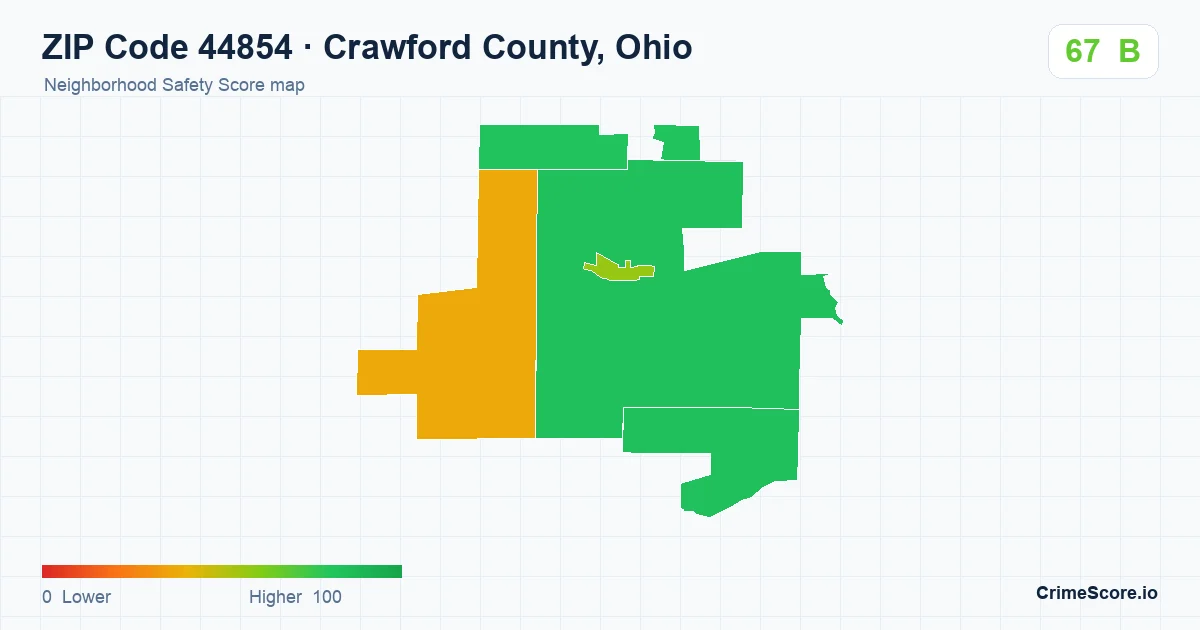 ZIP Code 44854 in Crawford County, Ohio neighborhood Safety Score map