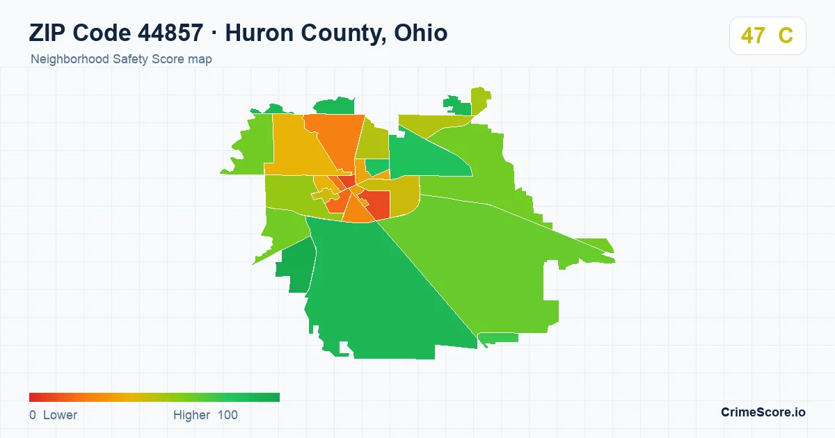ZIP Code 44857 in Huron County, Ohio neighborhood Safety Score map