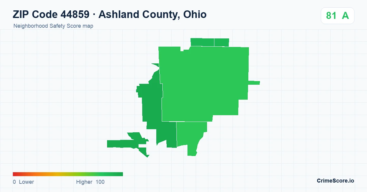 ZIP Code 44859 in Ashland County, Ohio neighborhood Safety Score map