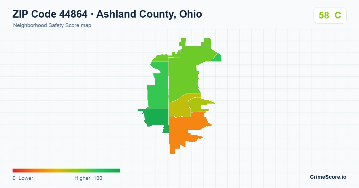 ZIP Code 44864 in Ashland County, Ohio neighborhood Safety Score map