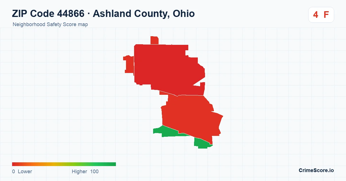 ZIP Code 44866 in Ashland County, Ohio neighborhood Safety Score map
