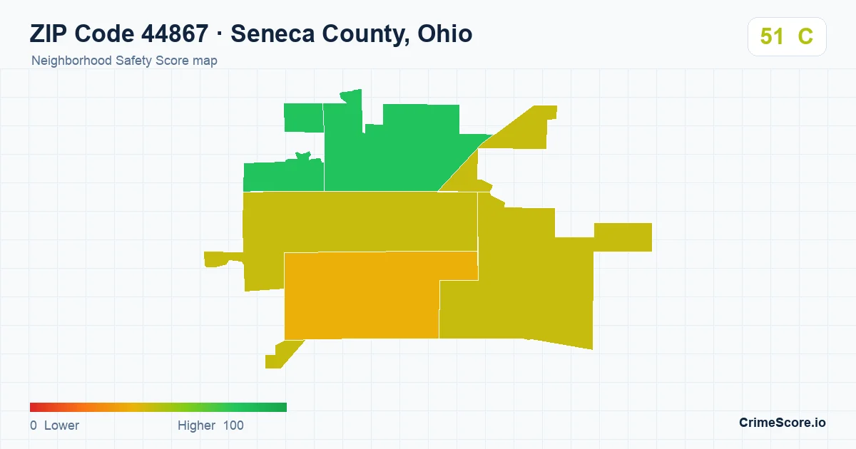 ZIP Code 44867 in Seneca County, Ohio neighborhood Safety Score map