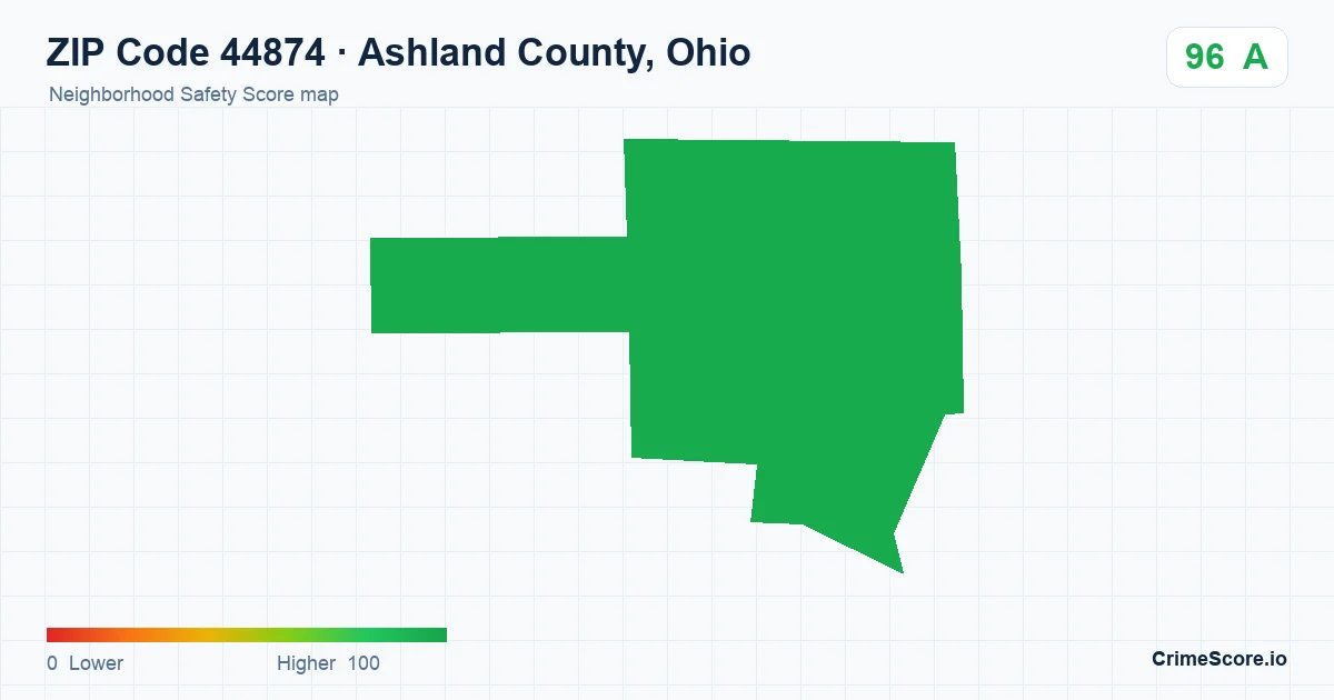 ZIP Code 44874 in Ashland County, Ohio neighborhood Safety Score map