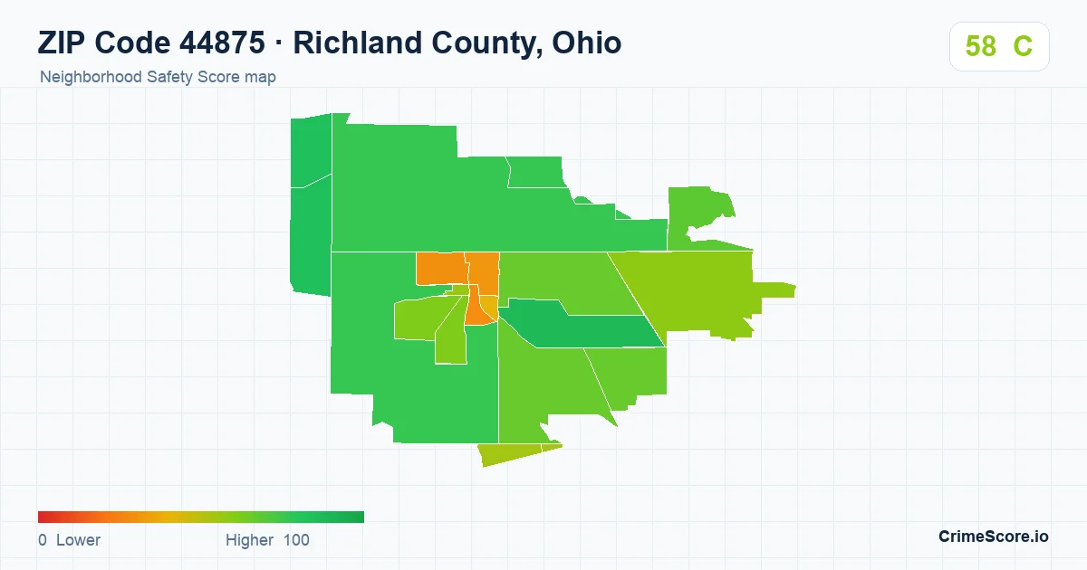ZIP Code 44875 in Richland County, Ohio neighborhood Safety Score map