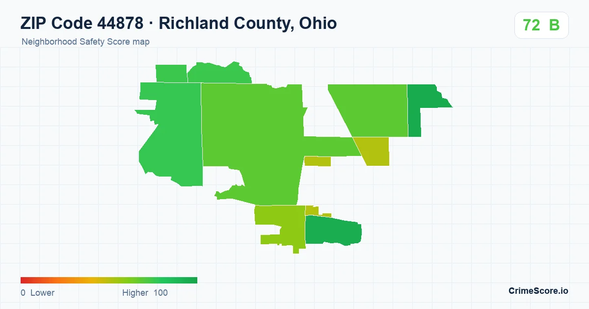 ZIP Code 44878 in Richland County, Ohio neighborhood Safety Score map