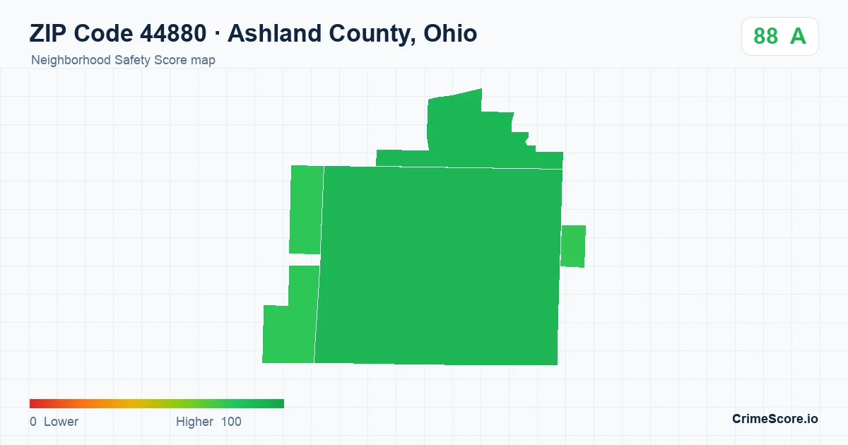 ZIP Code 44880 in Ashland County, Ohio neighborhood Safety Score map