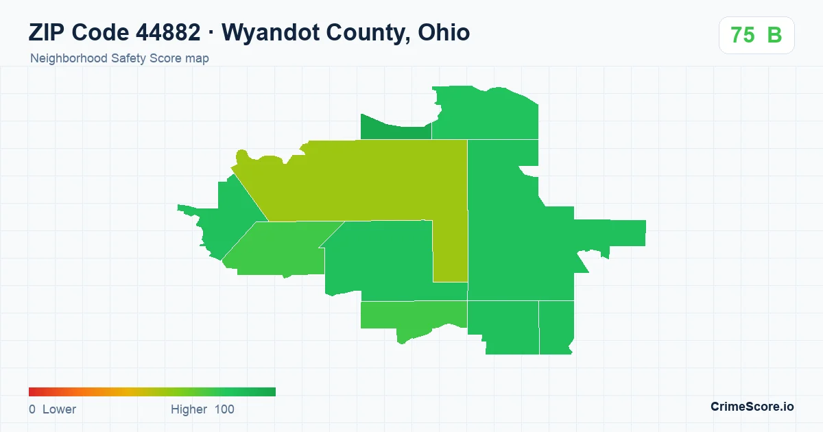ZIP Code 44882 in Wyandot County, Ohio neighborhood Safety Score map