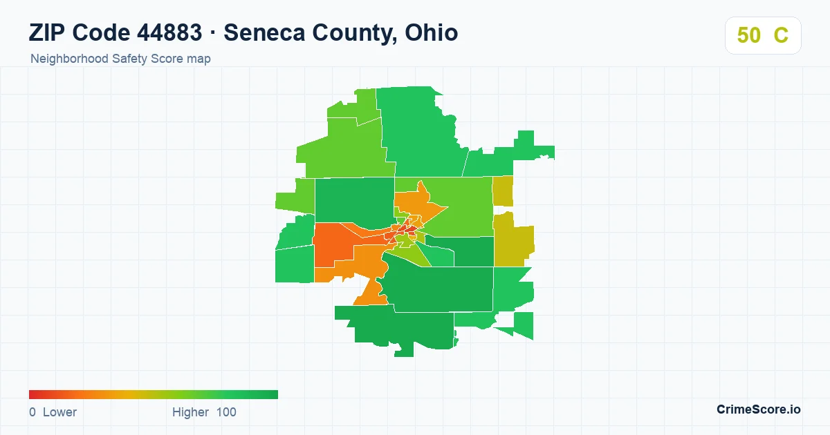 ZIP Code 44883 in Seneca County, Ohio neighborhood Safety Score map