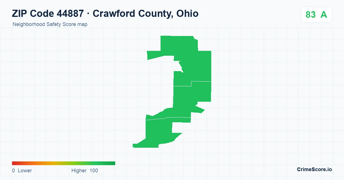 ZIP Code 44887 in Crawford County, Ohio neighborhood Safety Score map