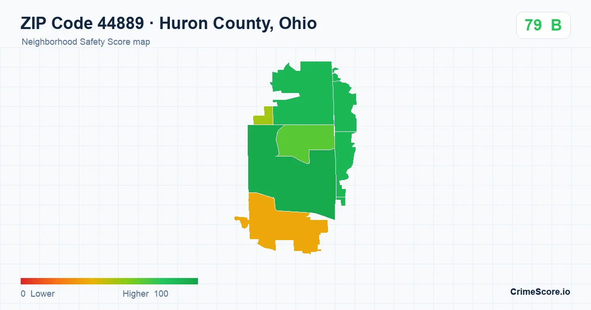 ZIP Code 44889 in Huron County, Ohio neighborhood Safety Score map
