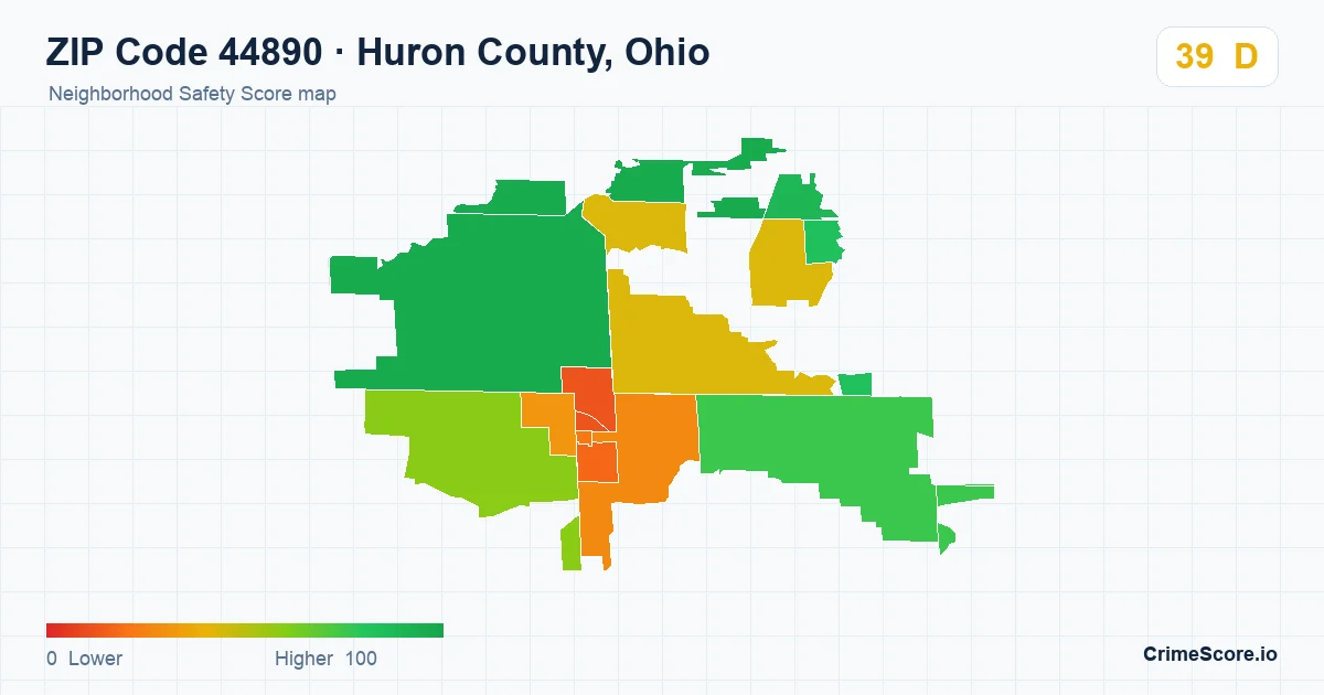 ZIP Code 44890 in Huron County, Ohio neighborhood Safety Score map