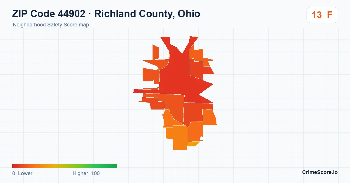 ZIP Code 44902 in Richland County, Ohio neighborhood Safety Score map