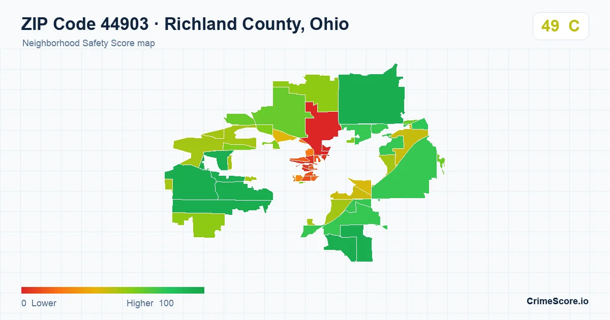ZIP Code 44903 in Richland County, Ohio neighborhood Safety Score map
