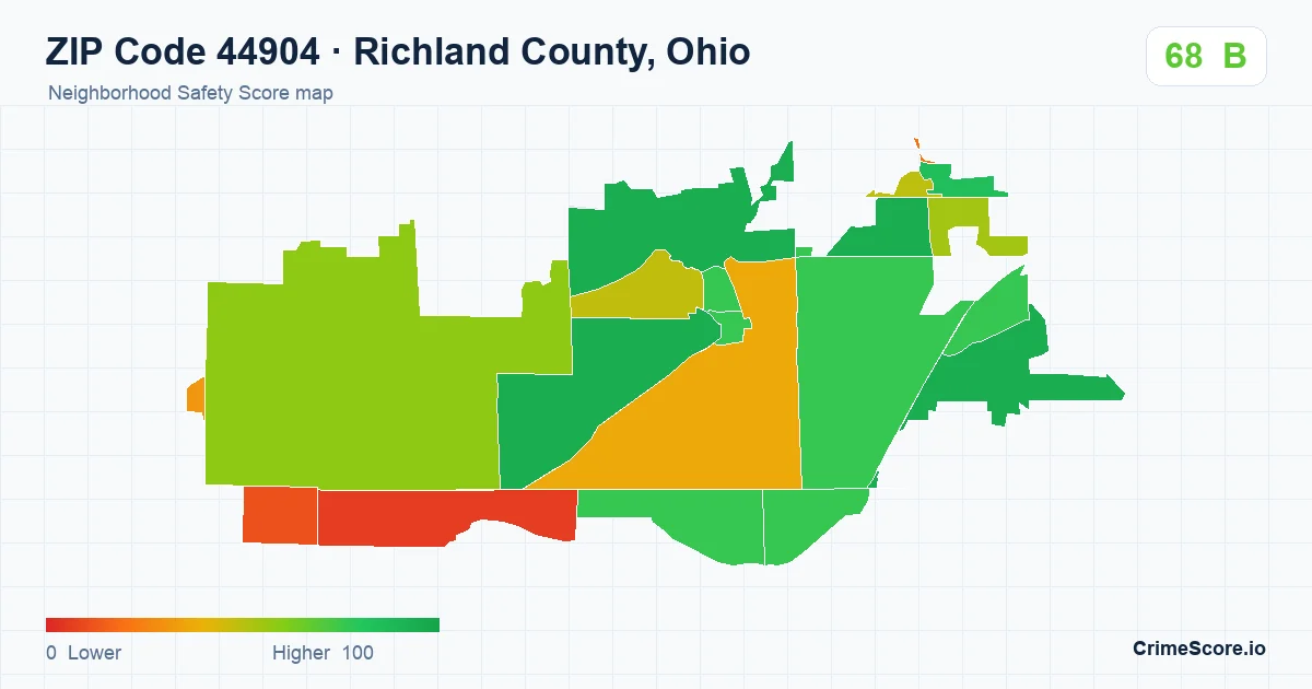ZIP Code 44904 in Richland County, Ohio neighborhood Safety Score map
