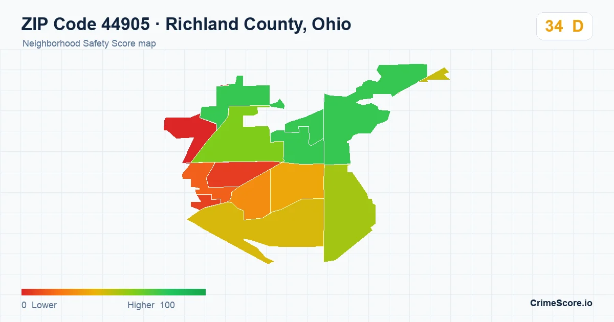 ZIP Code 44905 in Richland County, Ohio neighborhood Safety Score map