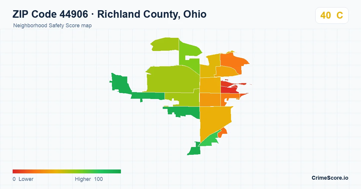 ZIP Code 44906 in Richland County, Ohio neighborhood Safety Score map