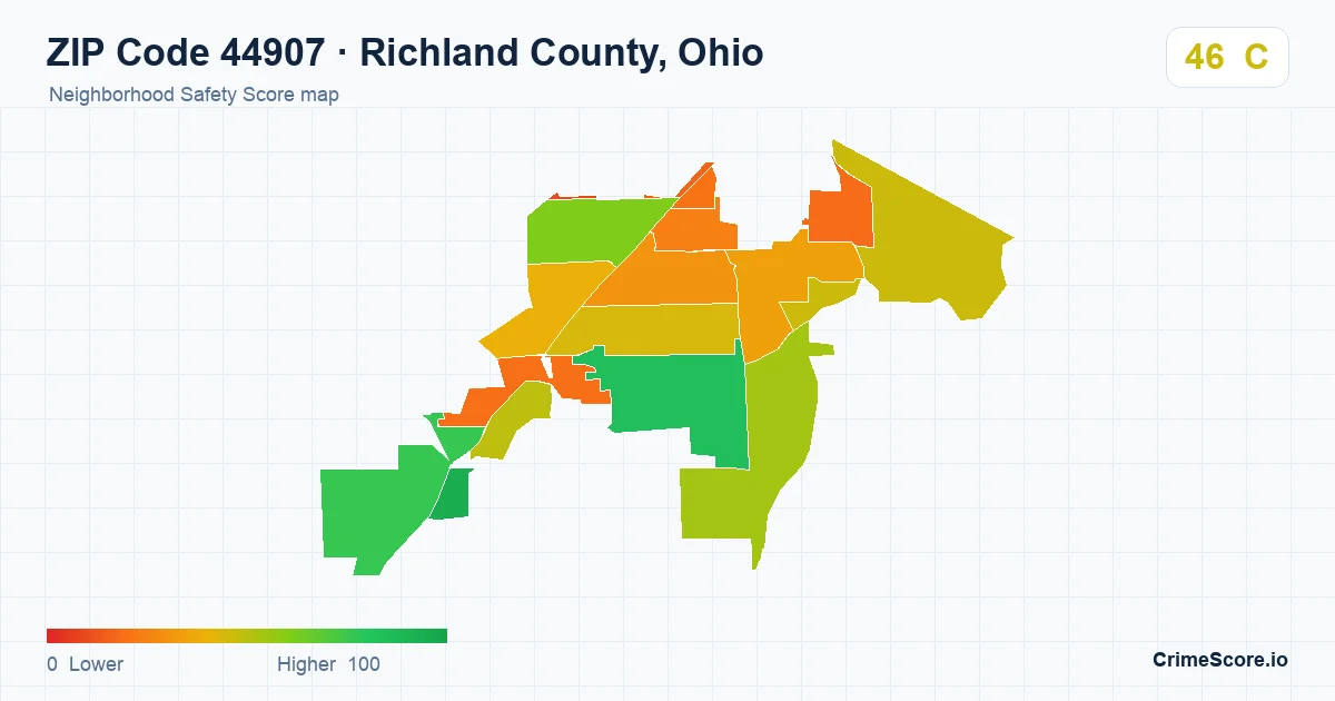 ZIP Code 44907 in Richland County, Ohio neighborhood Safety Score map