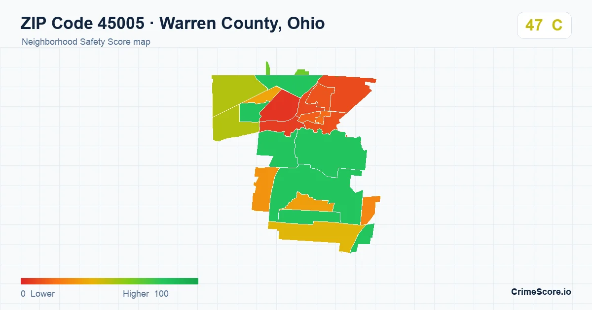 ZIP Code 45005 in Warren County, Ohio neighborhood Safety Score map