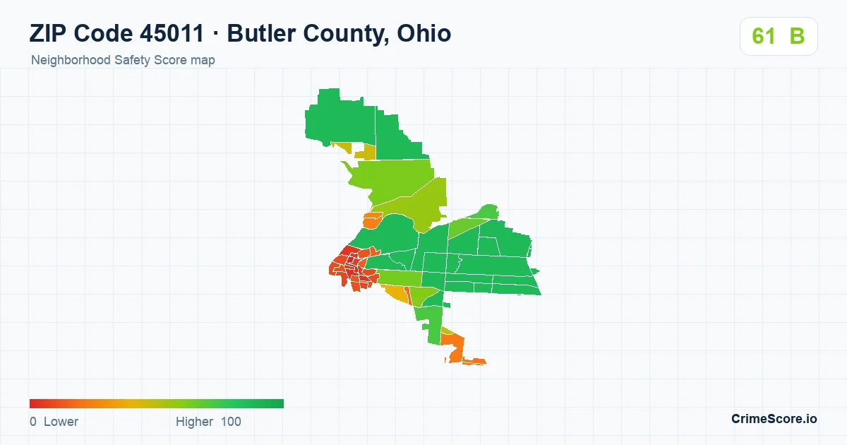 ZIP Code 45011 in Butler County, Ohio neighborhood Safety Score map